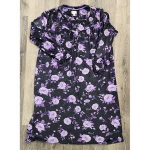 Aria Collection Purple Floral Fleece Nightgown Long Sleeve Sleep Dress Large